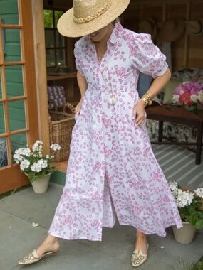 Julia Amory Pink Floral Maxi Shirt Dress with Puff Sleeves